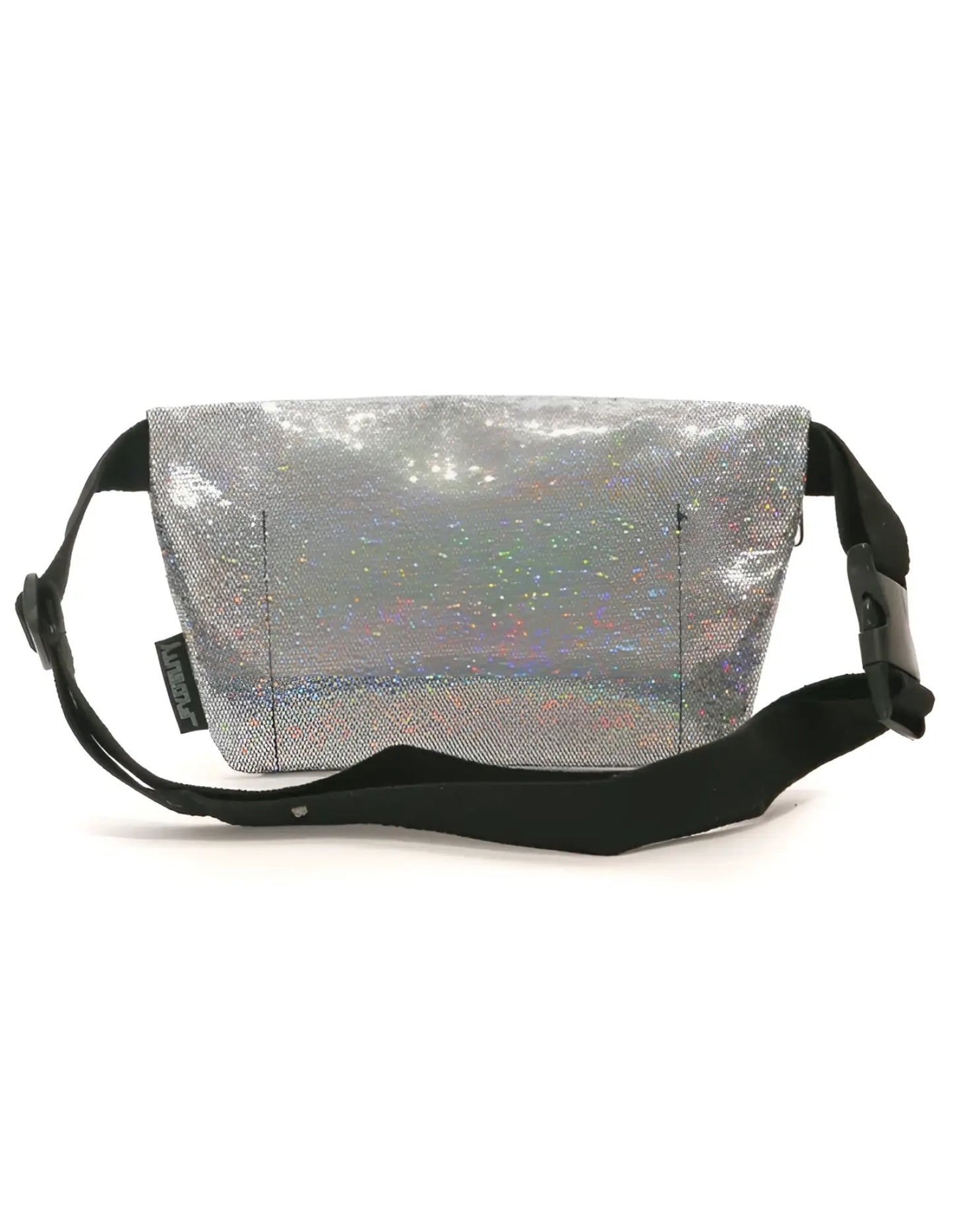 Silver holographic glitter ultra slim fanny pack with black adjustable strap and buckle for hands-free carrying