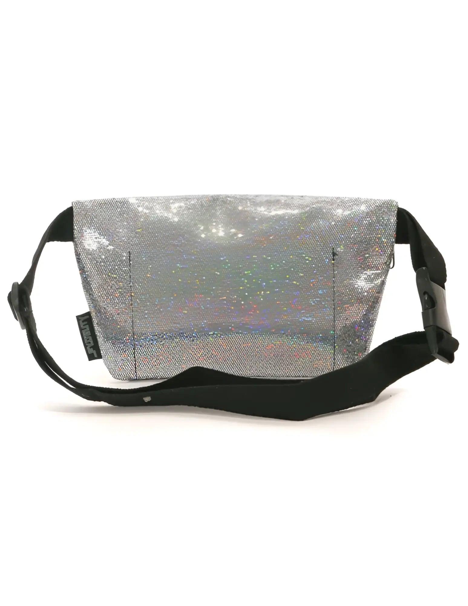Silver holographic glitter ultra slim fanny pack with black adjustable strap and buckle for hands-free carrying
