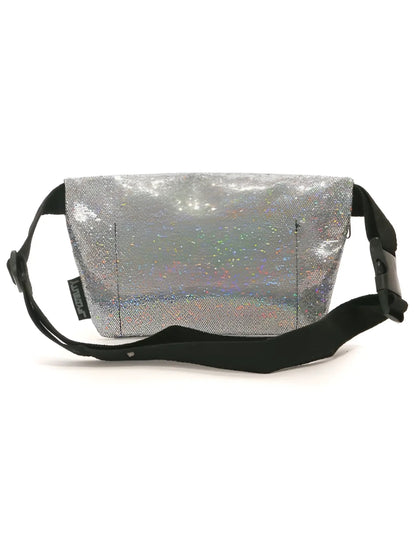 Silver holographic glitter ultra slim fanny pack with black adjustable strap and buckle for hands-free carrying