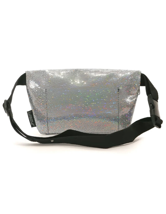 Silver holographic glitter ultra slim fanny pack with black adjustable strap and buckle for hands-free carrying