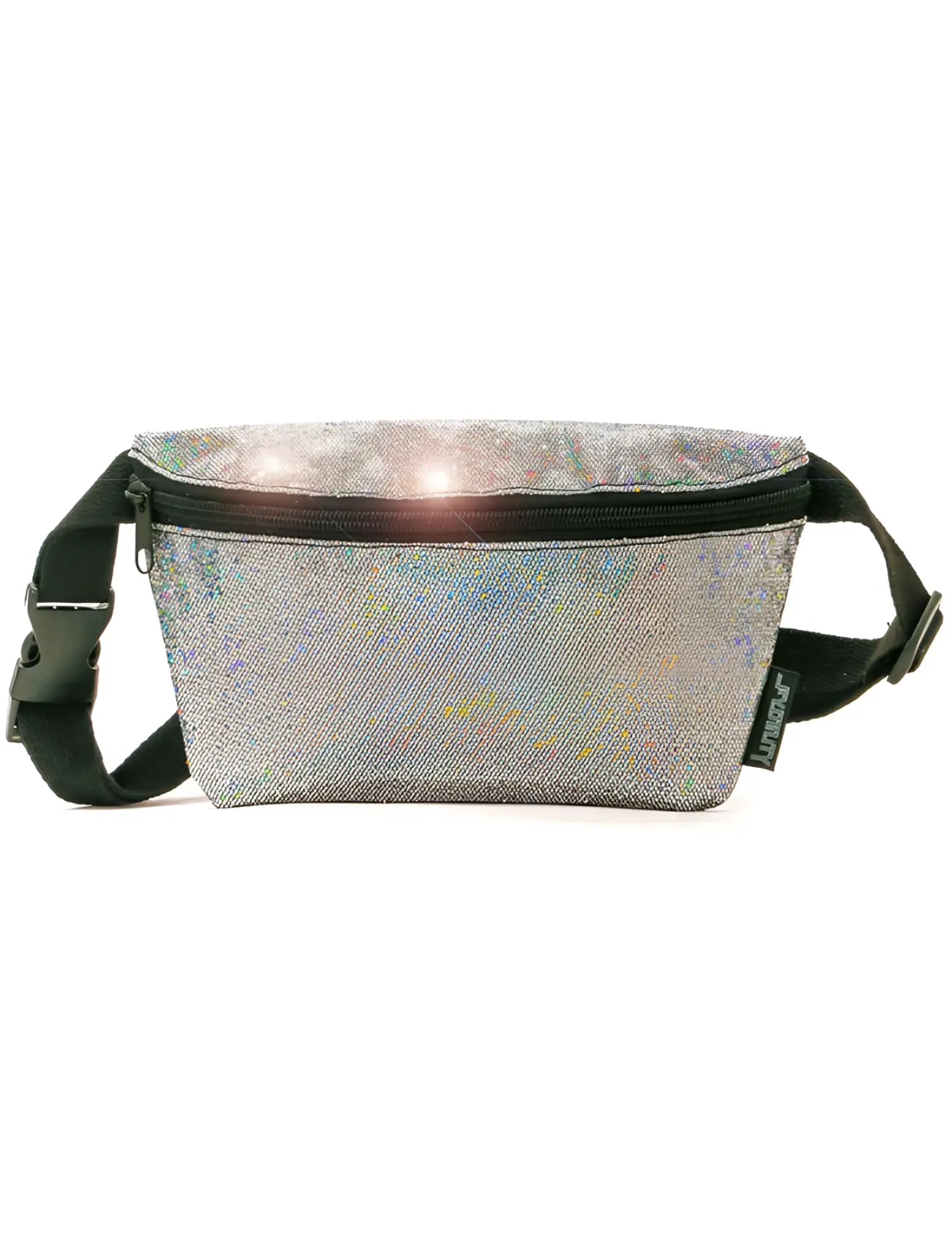 Silver holographic glitter ultra slim fanny pack with black zipper and adjustable strap for hands-free carrying