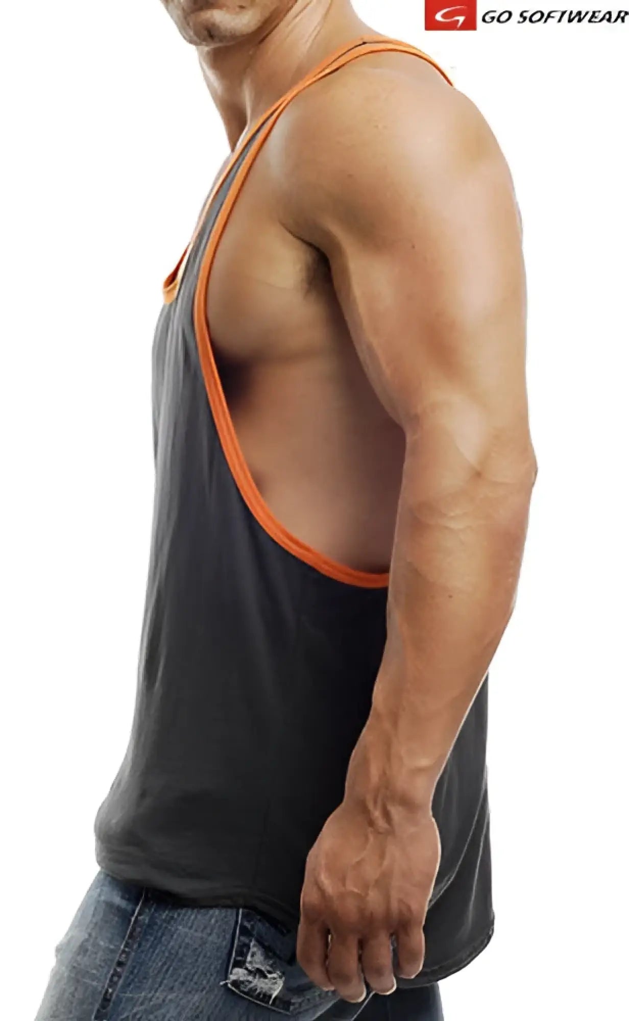 Back view of go softwear active l a charcoal muscle tank top with orange trim and wash y back design in size l