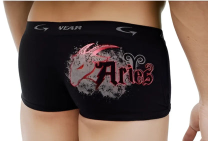 Black boxer briefs with distressed red and white aries graphic and stylized horns from Go Softwear Capricorn shorts size M
