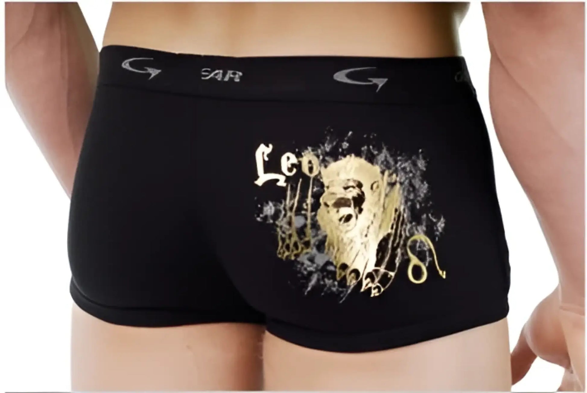 Black men’s go softwear astrology retro boxer briefs with gold leo lion graphic and gar waistband in size medium