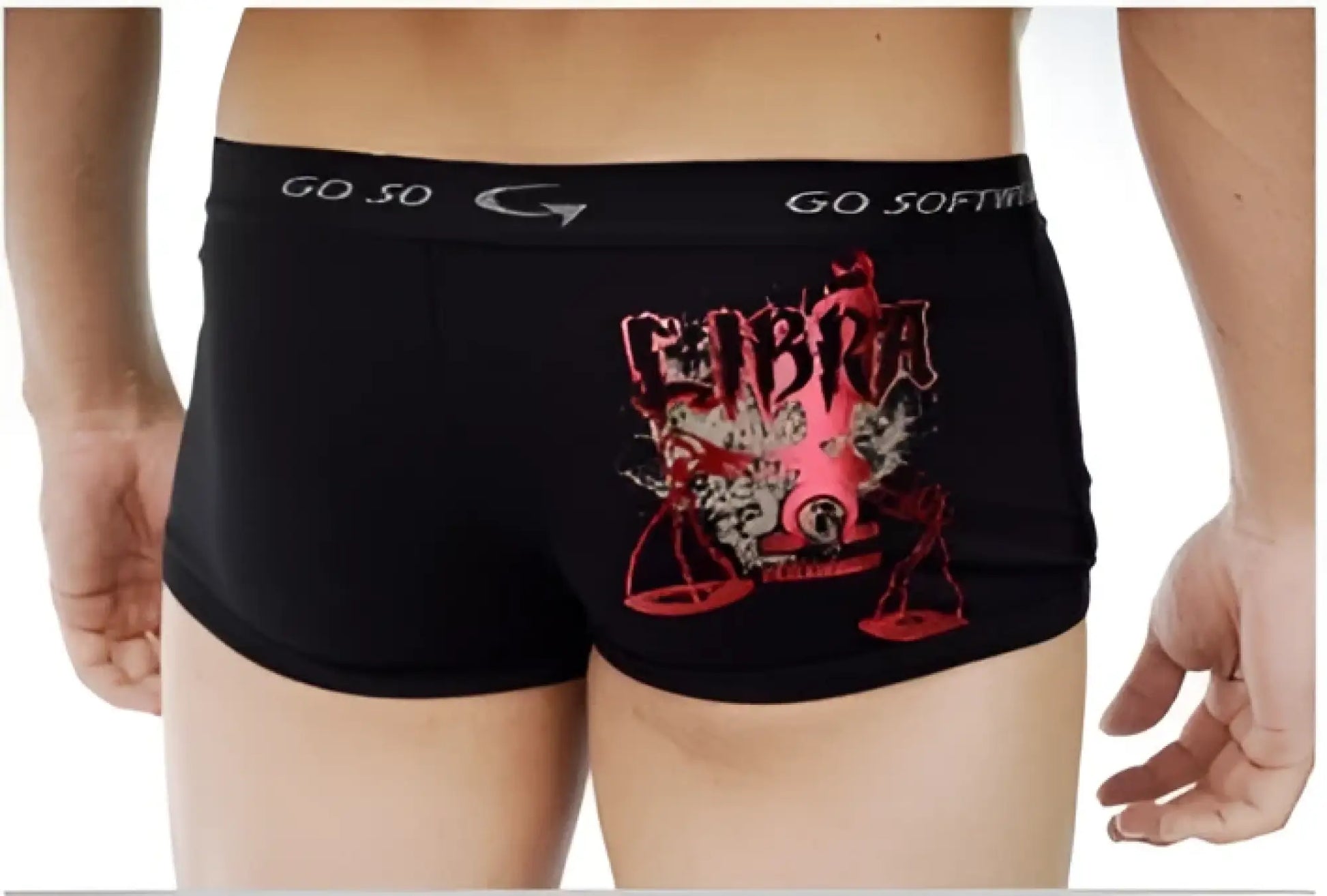 Black men’s boxer briefs in black with red and white libra scales graphic on back and go soft waistband size m
