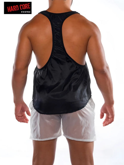 Black satin racerback gym tank top with elasticized hem by go softwear size l showing back side