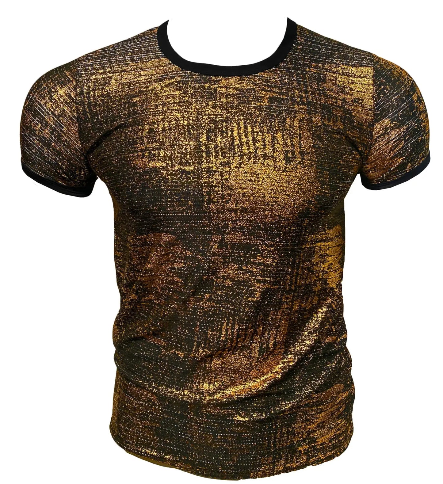 Gold leaf tee shimmering gold and black textured short sleeve t-shirt with black ribbed neckline and sleeve cuffs