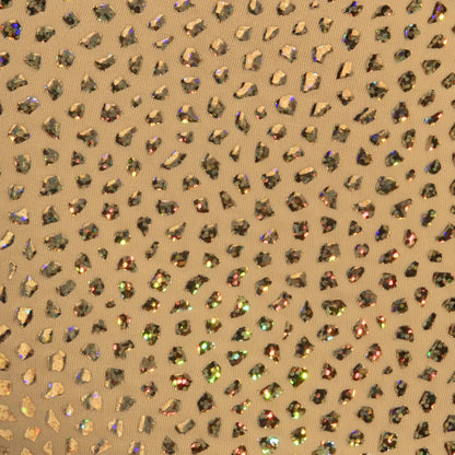 Gold stones trunk fabric features gold-toned material with iridescent rhinestones in a leopard print pattern