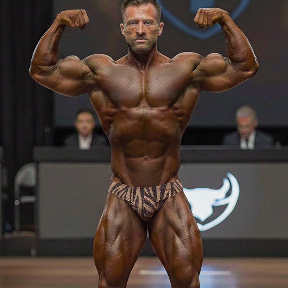A muscular man flexing on stage wearing metro malewear posingwear gold zebra brown and beige zebra-striped briefs