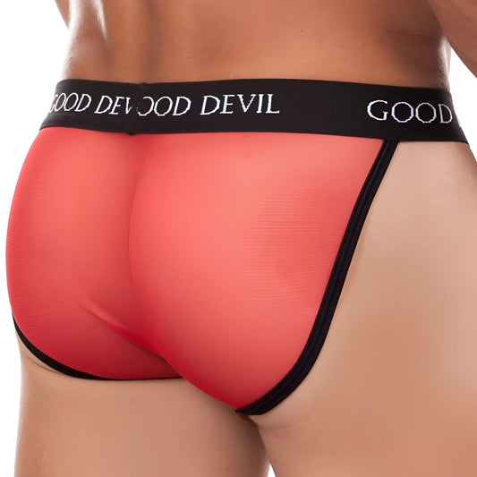 Good Devil GD6034 brief red sheer mesh with black elastic waistband and trim featuring good devil branding in white