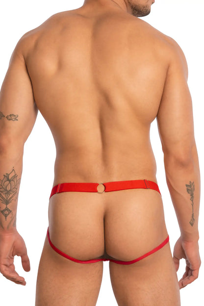 Back view of good devil gdc0513 jockstrap featuring a red thong with a gold toned circular buckle