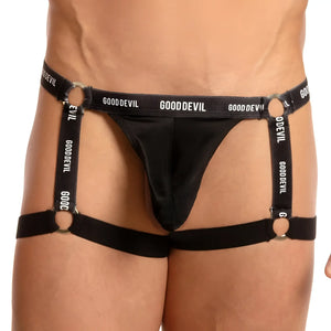 Black good devil GDE040 jockstrap harness briefs with satin fabric and adjustable straps featuring the gooddevil logo