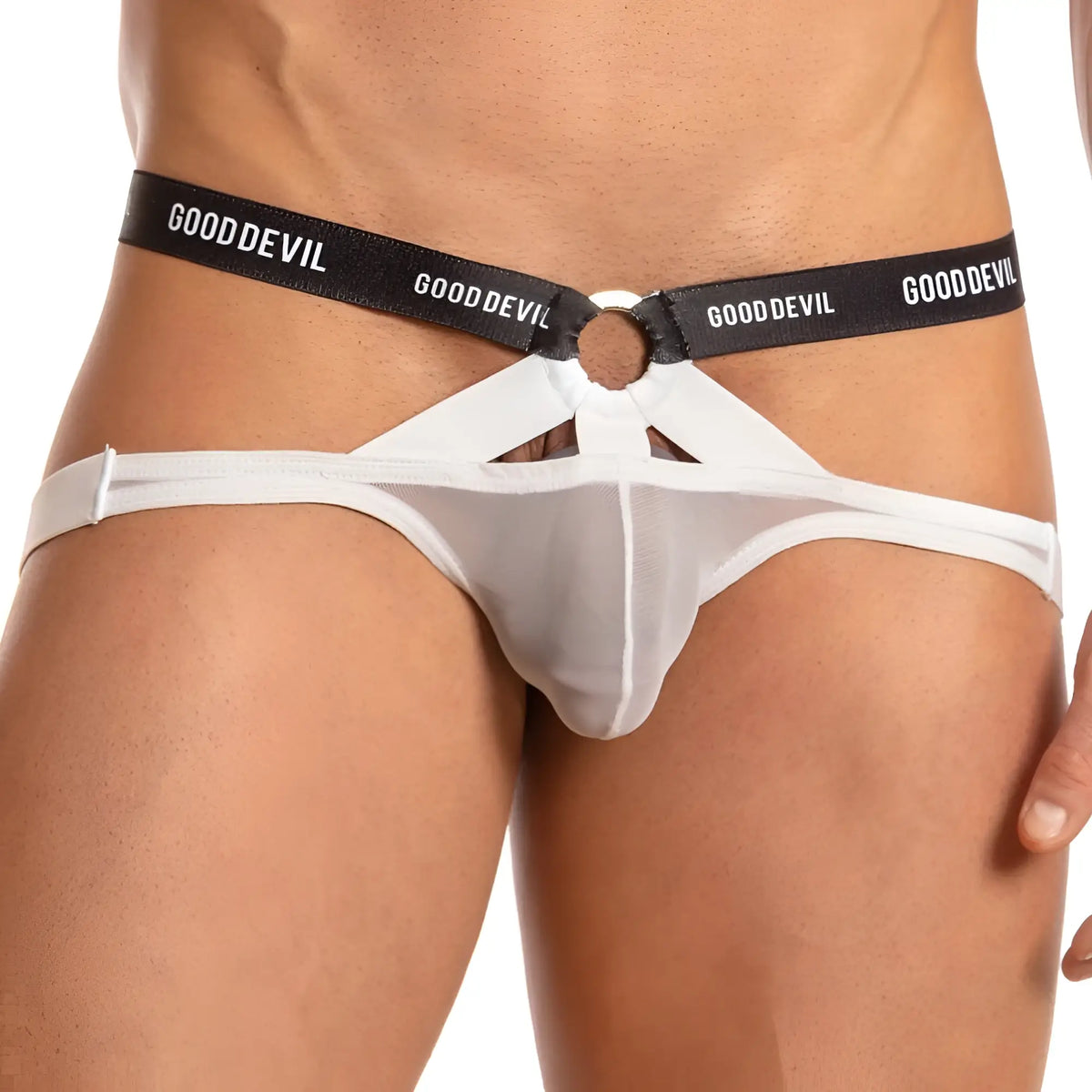 White mesh thong jockstrap with black gooddevil branded waistband showing back side design