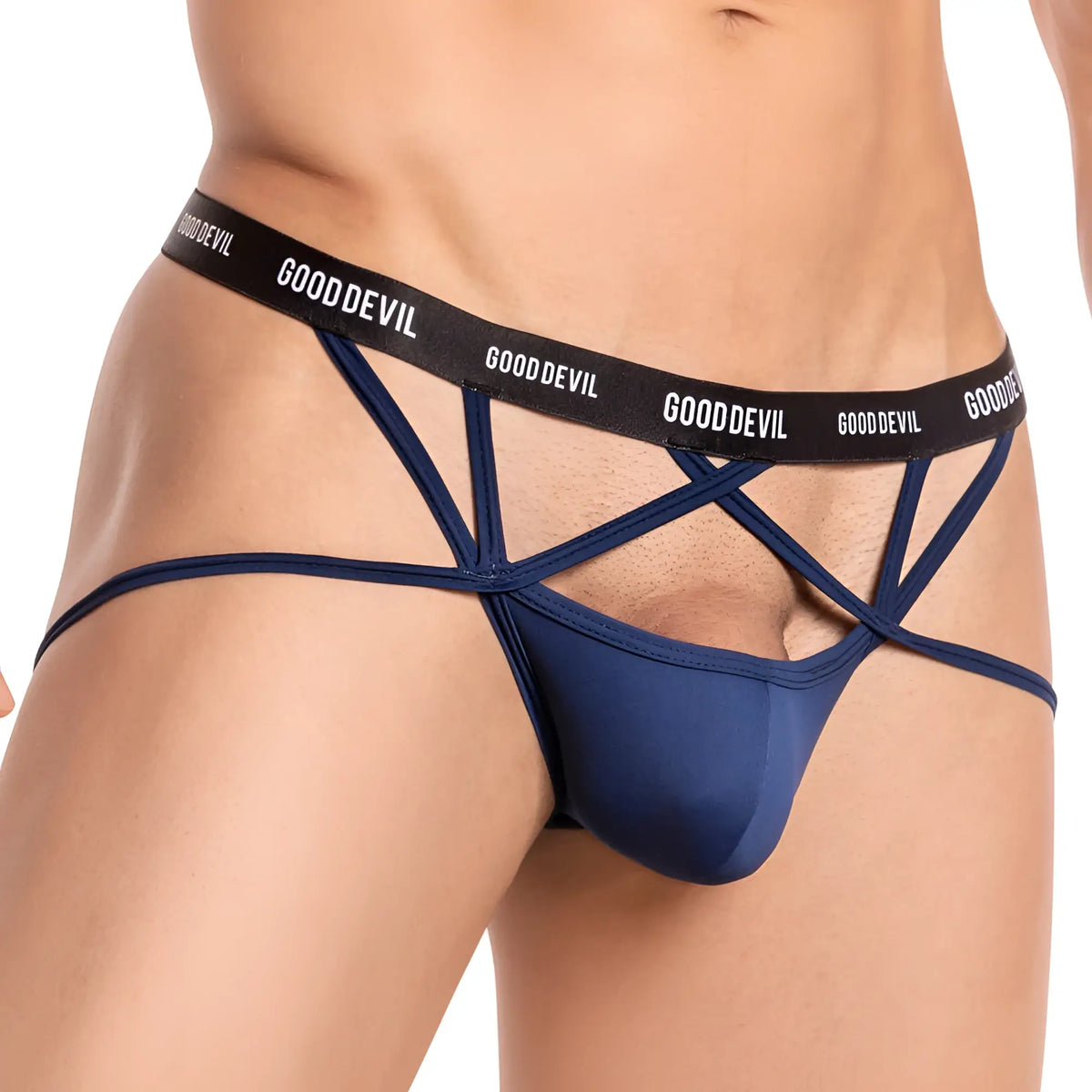 Navy blue good devil menâ€™s thong jockstrap with black waistband featuring white gooddevil text and crisscross straps