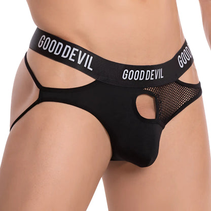 Black gooddevil menâ€™s jockstrap underwear with mesh panel and cutout design for breathable comfort