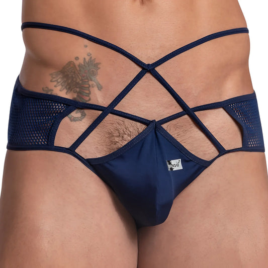 Navy blue mesh and fabric menâ€™s briefs with crisscross straps in good devil gde063 jockstrap design front view
