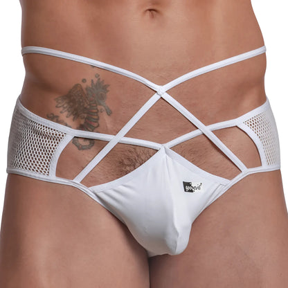 Good devil gde063 jockstrap in white mesh and fabric briefs with crisscross straps front view