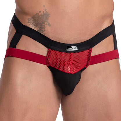 Black and red mesh thong jockstrap with black waistband featuring goodevil brand label Good Devil GDE065 model
