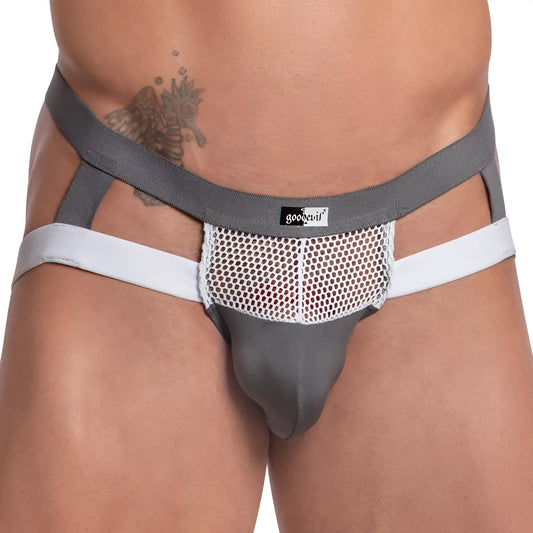 Good devil gde065 jockstrap in gray and white mesh briefs featuring a sleek modern design