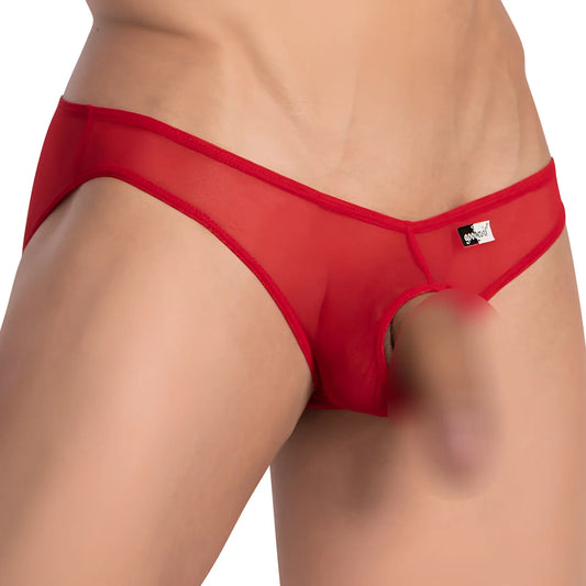 Good devil gde069 jockstrap in red sheer mesh briefs with bold red trim and small black brand tag visible on front
