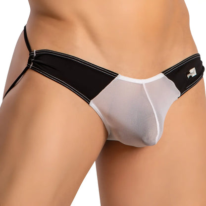 Black and white mesh thong jockstrap with solid black waistband and contrasting stitching from good devil