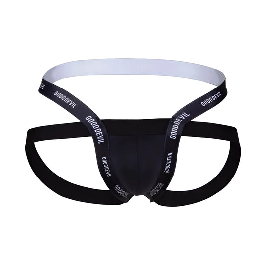 Black Good Devil GDE074 jockstrap menâ€™s briefs with white elastic waistband and branded straps front view
