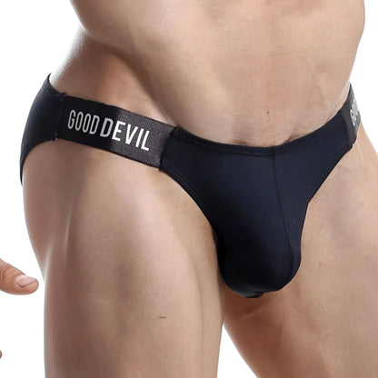 Good Devil GDI019 black bikini brief with textured waistband featuring white lettering for comfortable fit