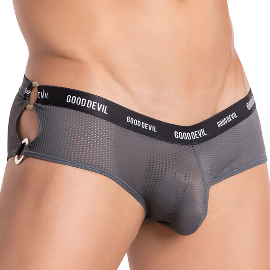 Gray mesh good devil bikini brief with black waistband and silver metal rings showing front view