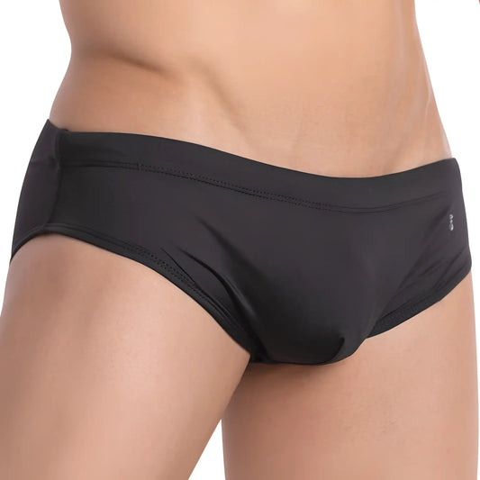 Good Devil GDI021 bikini brief black swim trunks with smooth form-fitting design and subtle stitching on waistband
