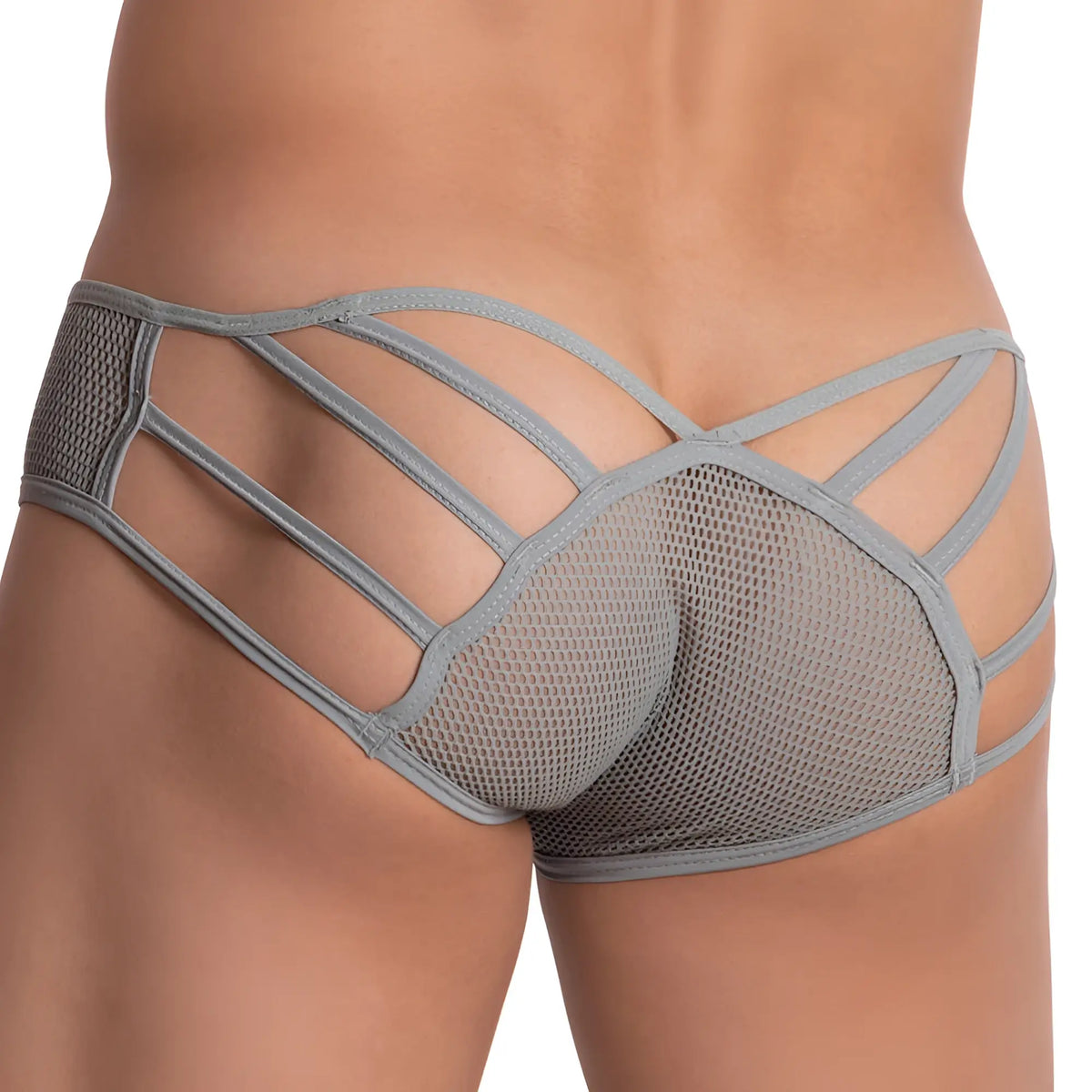 Gray mesh briefs with crisscross strap design from good devil gdi022 brief showing front view