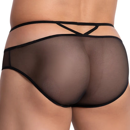 Black sheer mesh Good Devil GDI027 bikini briefs showing crisscross back design from the back side