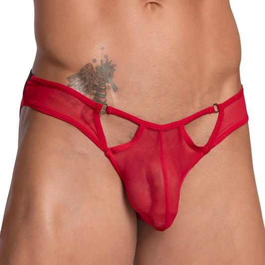 Good devil gdi031 bikini brief in red sheer mesh thong with cutout detailing and metal clasps on the back side