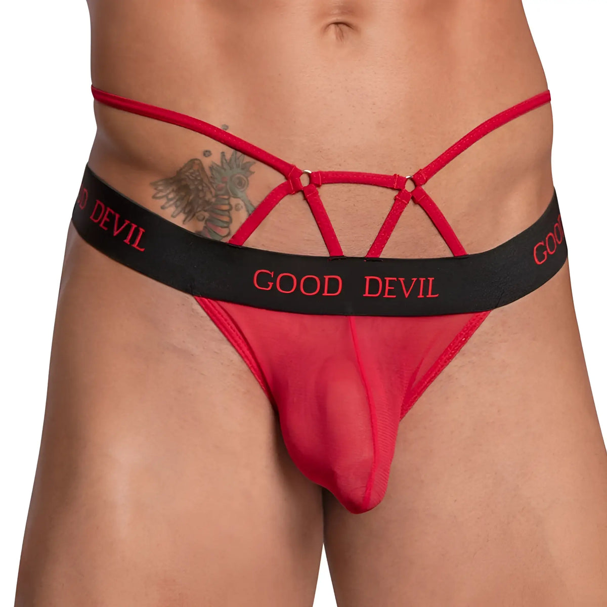 Red sheer mesh good devil bikini brief with black waistband and red crisscross straps showing front view