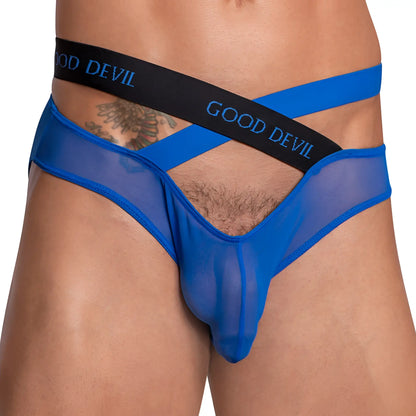 Good Devil GDI034 bikini brief in blue sheer mesh with black waistband and light blue good devil branding
