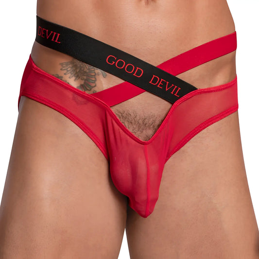 Red sheer mesh good devil bikini brief with black elastic waistband and red lettering seen from the back side