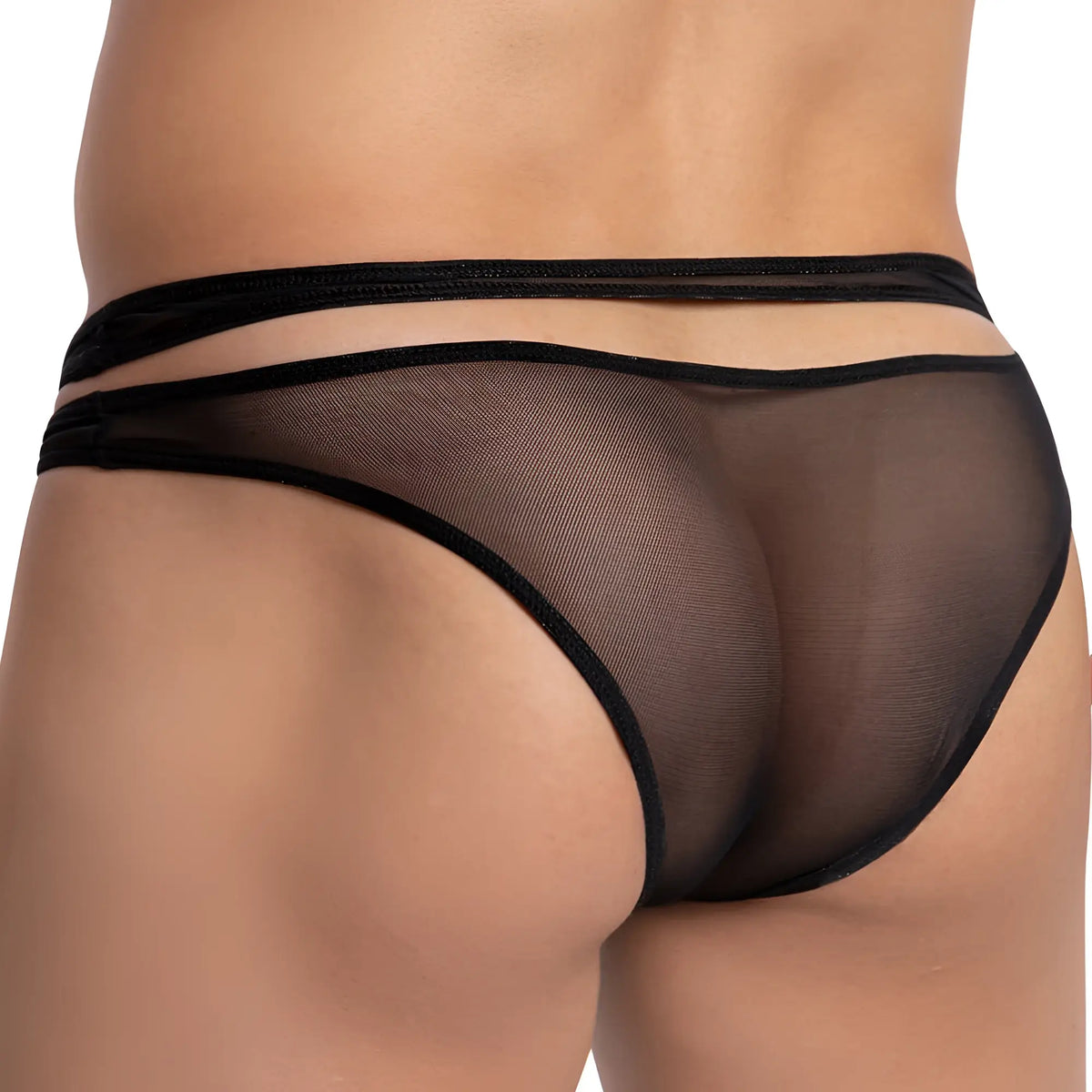 Black sheer mesh good devil gdi036 bikini brief with double-strap design showing front view