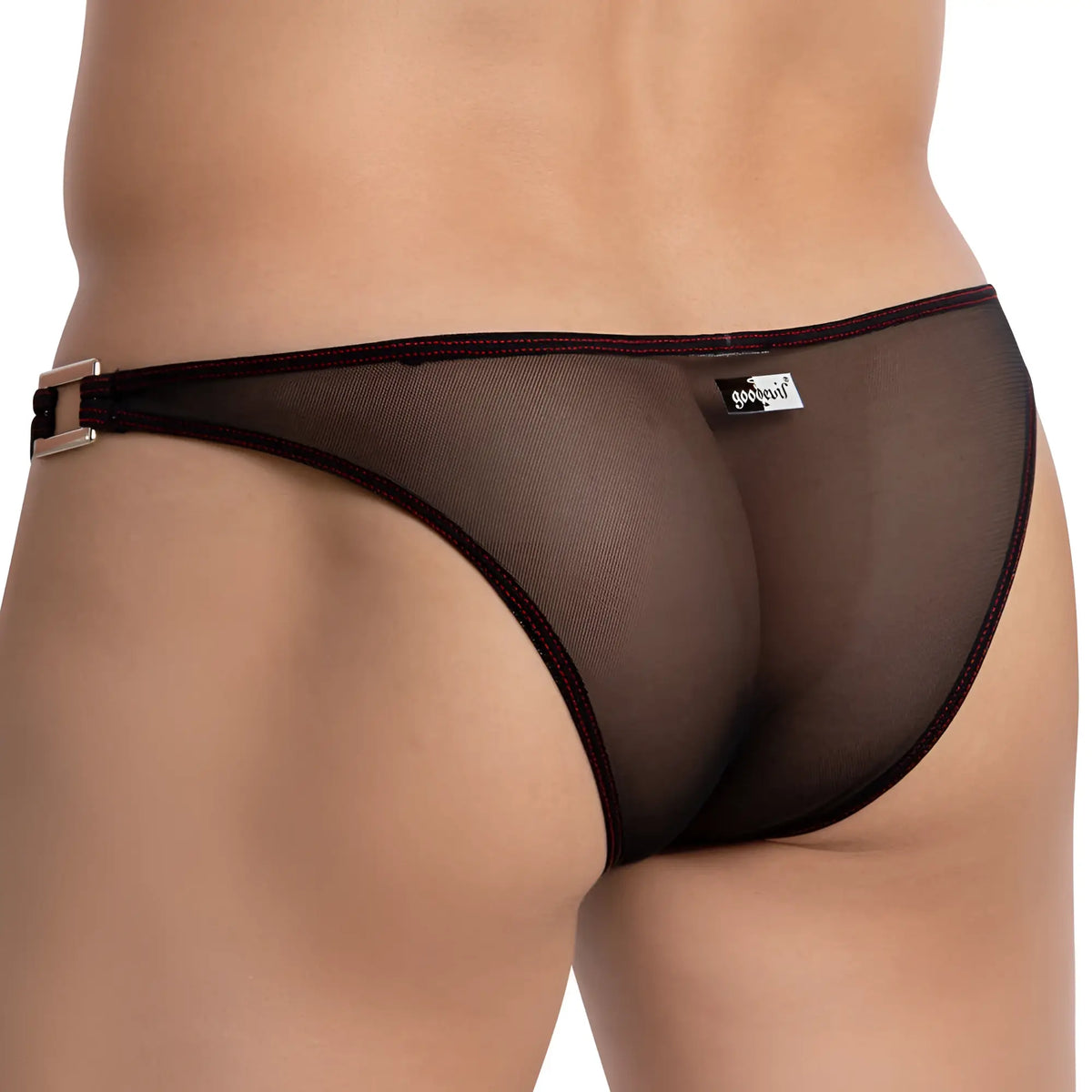 Black mesh thong bikini brief with metallic buckle and dark trim good devil gdi037 showing front side