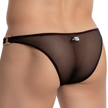 Black mesh thong bikini brief with metallic buckle and dark trim good devil gdi037 showing front side