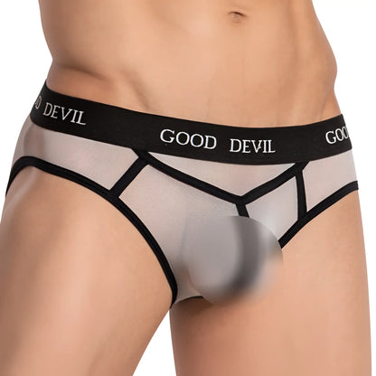 Black sheer mesh menâ€™s underwear bikini brief with good devil branding on waistband good devil gdi038