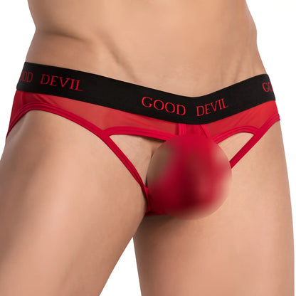 Good devil gdi039 bikini brief menâ€™s underwear in red and black with sheer mesh design shown from the back side