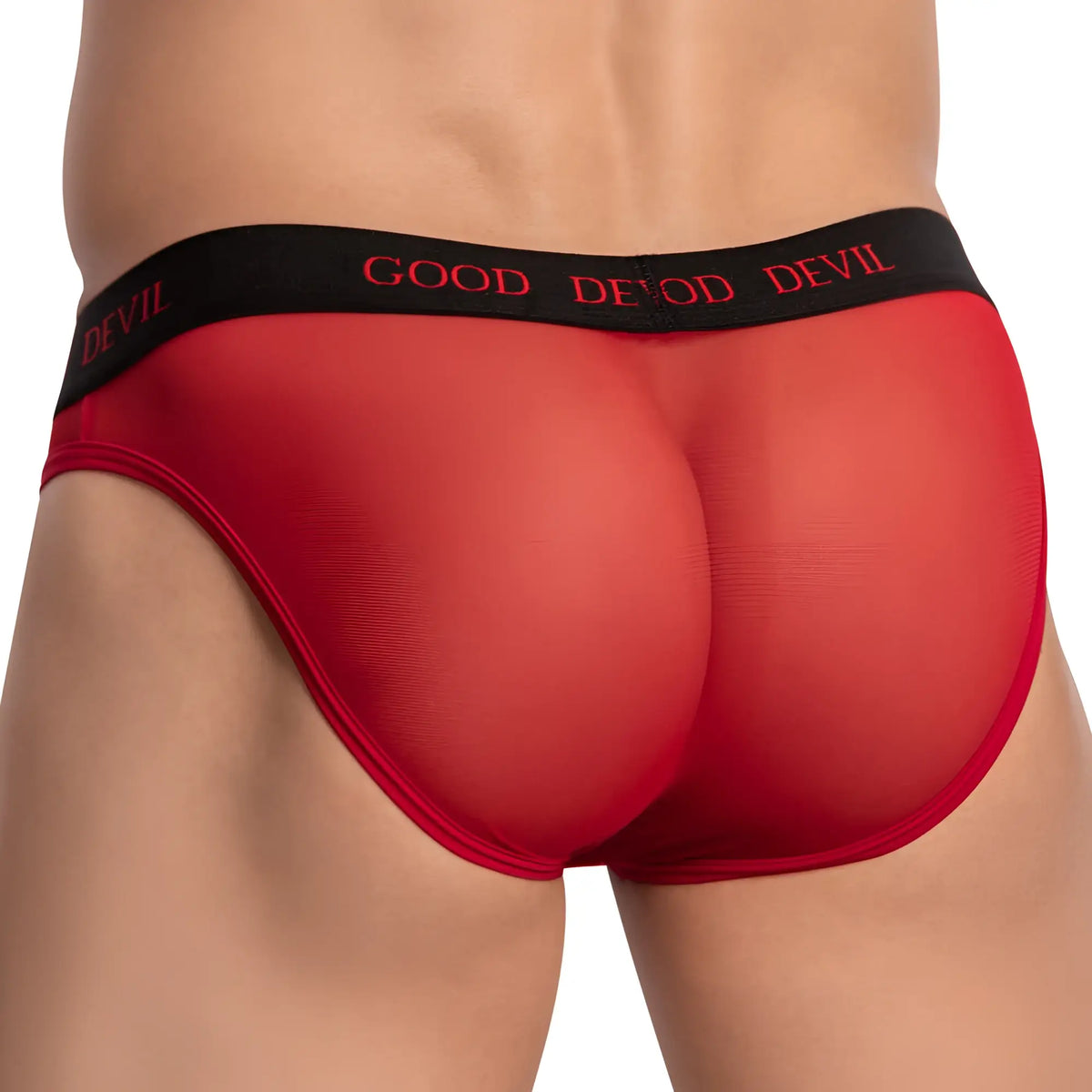 Good Devil GDI039 bikini brief in red sheer mesh with black waistband featuring good devil text in red lettering