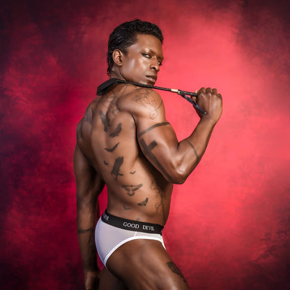 White good devil gdi039 bikini brief with black waistband and white capital lettering for casual wear
