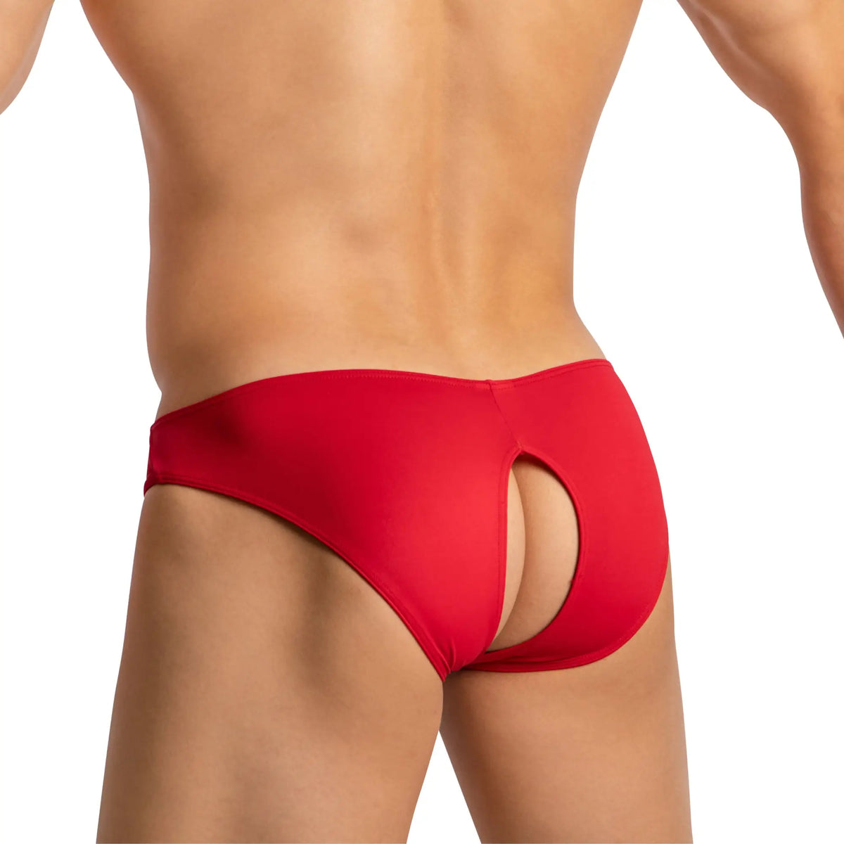 Back view of good devil gdi041 bikini menâ€™s red form-fitting briefs with a distinctive cutout design