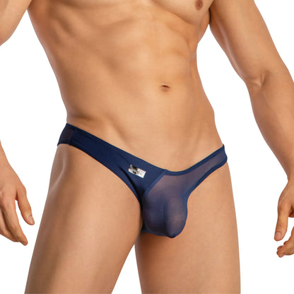 Navy blue sheer mesh thong with small silver good devil brand tag on waistband gdj019 brief product image