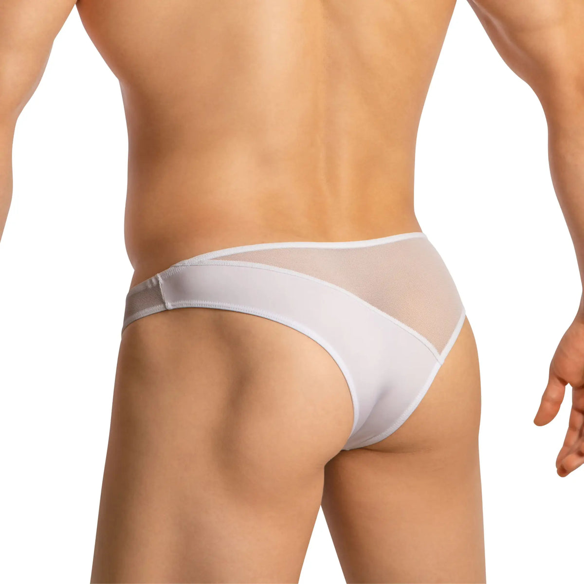 White sheer mesh thong brief with solid white waistband from good devil gdj019 collection front view