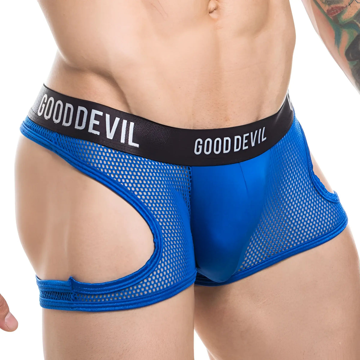 Blue mesh good devil gdk036 thong briefs with a black waistband featuring white lettering