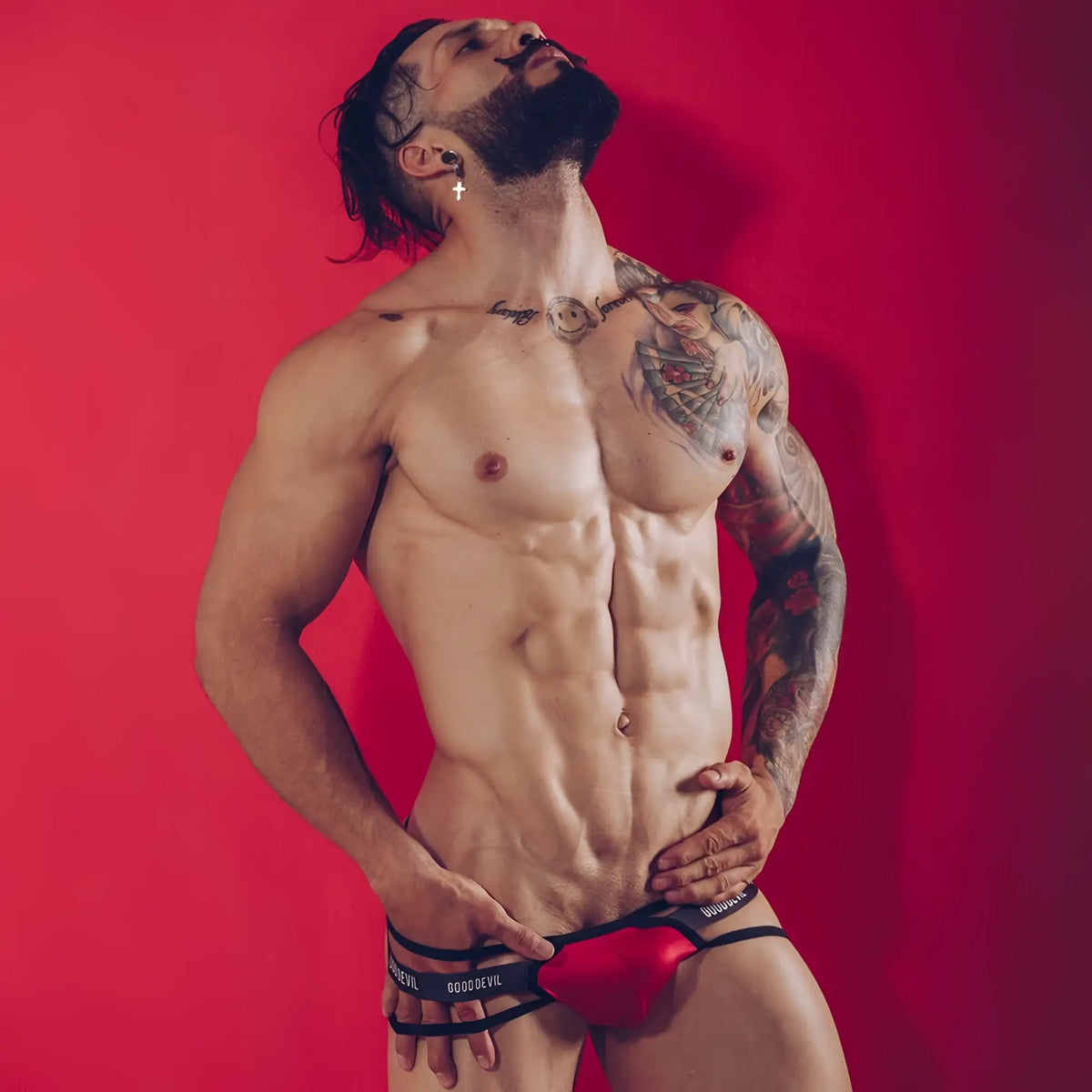 Good devil gdk037 thong red and black athletic briefs with bold contoured design front view
