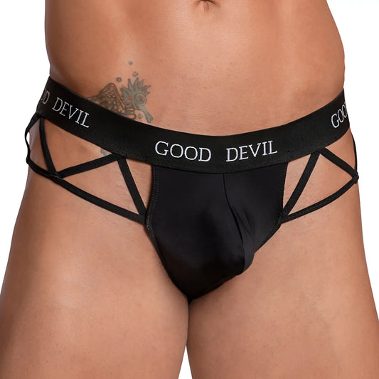 Black good devil GDK063 thong briefs with satin finish and crisscross lace-up straps shown from the back side