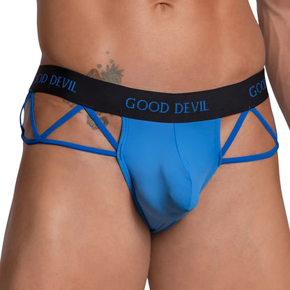 Blue good devil GDK063 thong briefs with black waistband and crisscrossing blue straps shown from the back side