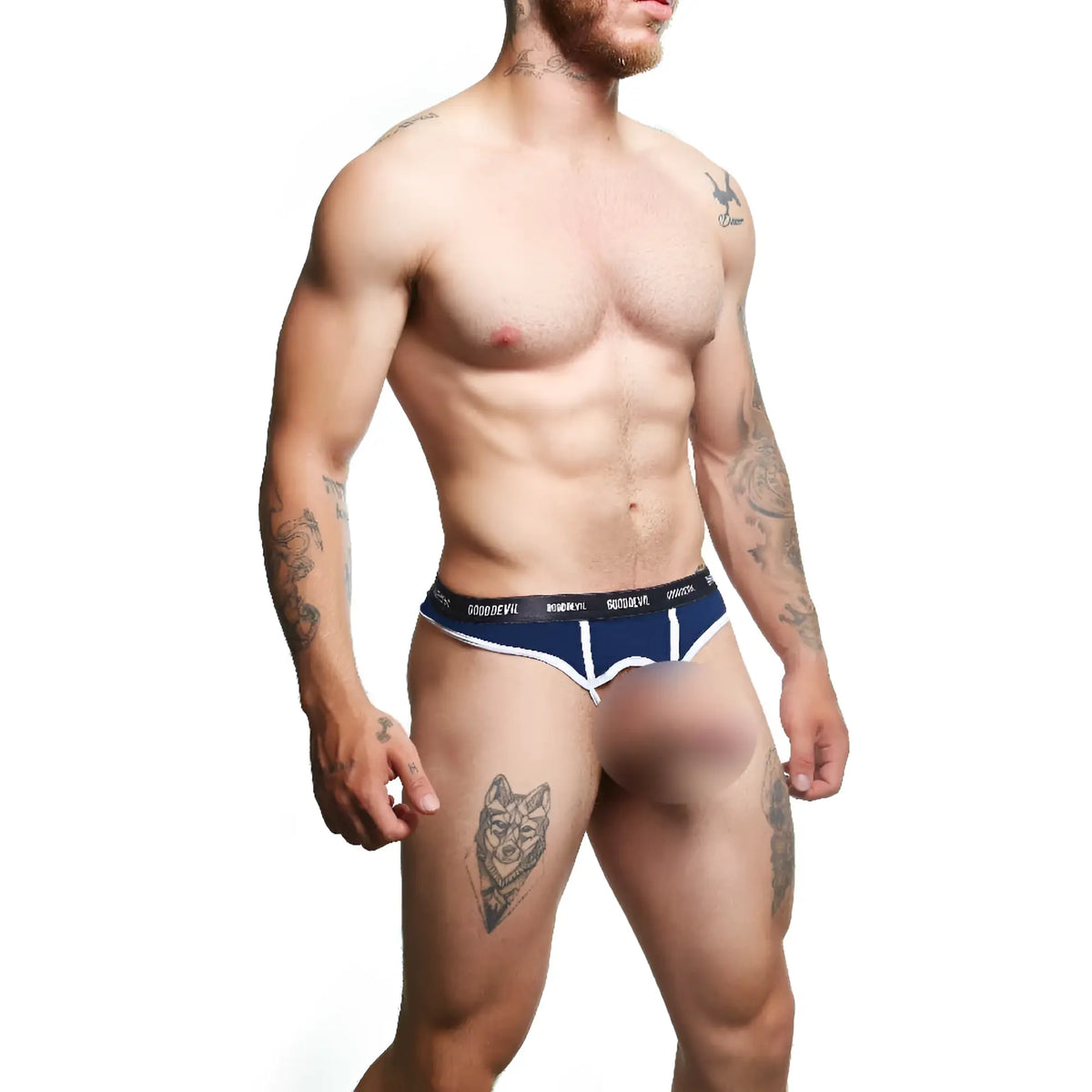 Navy blue and white good devil gdk071 thong athletic briefs with branded waistband shown from the back side